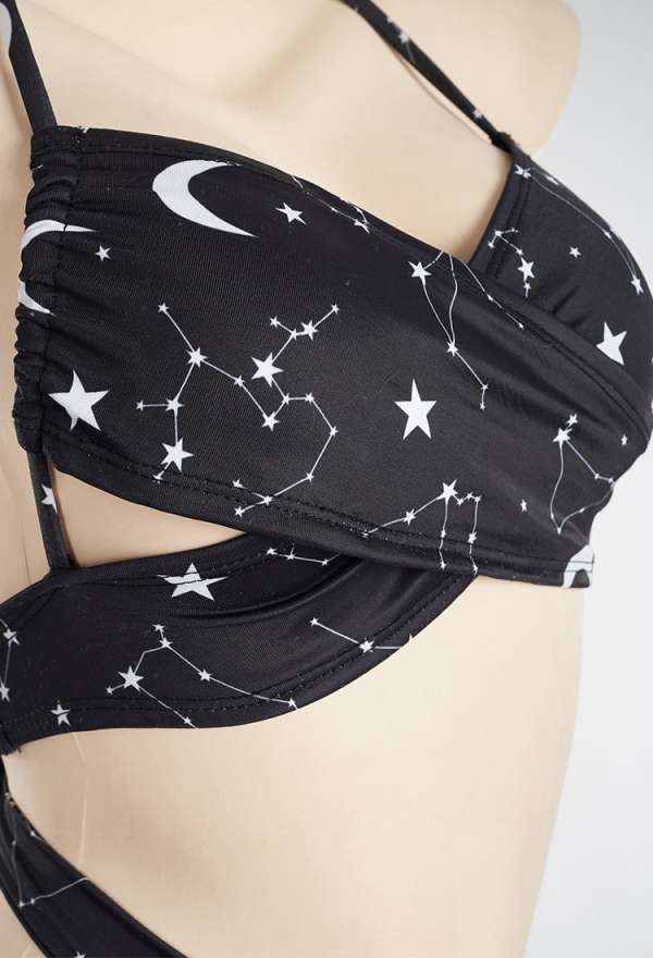Summer Constellation Gothic Black Constellation Print Two-Piece Swimsuit with Gauze Skirt
