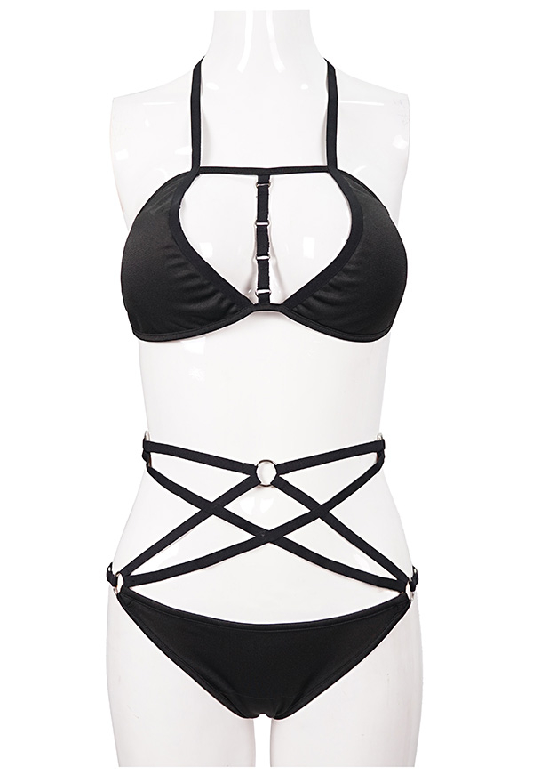 Devil Fashion Punk Gothic Swimsuit Black Halter String Tringle Top Strappy Bikini Set