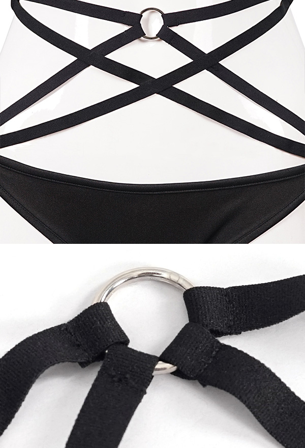 Devil Fashion Punk Gothic Swimsuit Black Halter String Tringle Top Strappy Bikini Set