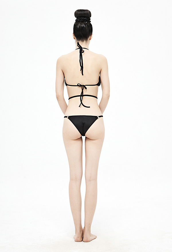 Devil Fashion Punk Gothic Swimsuit Black Halter String Tringle Top Strappy Bikini Set