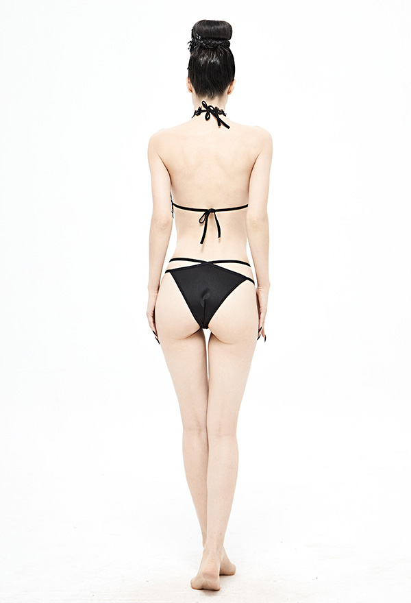 Devil Fashion Vintage Gothic Swimsuit Black Tassel Trim Back Strap Halter String Bikini Set Devil Fashion Vintage Gothic Swimsuit Black Tassel Trim Back Strap Halter String Bikini Set