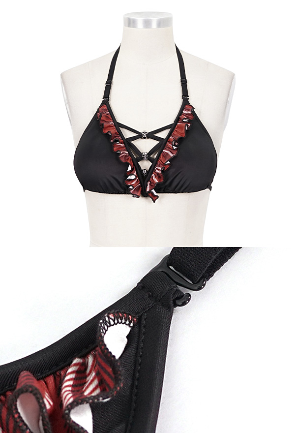 Devil Fashion School Plaid Gothic Black Red Lace-Up Ruffled Halter String Bikini Top