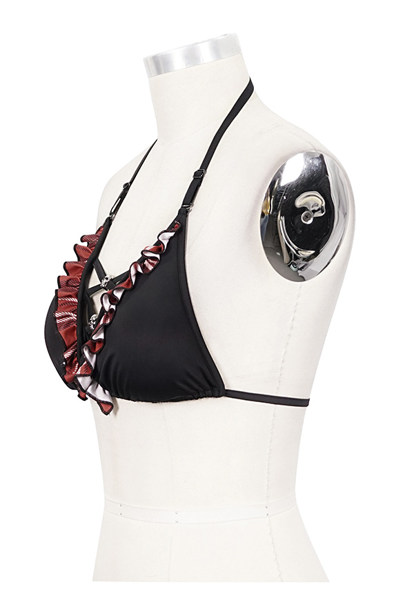 Devil Fashion School Plaid Gothic Black Red Lace-Up Ruffled Halter String Bikini Top