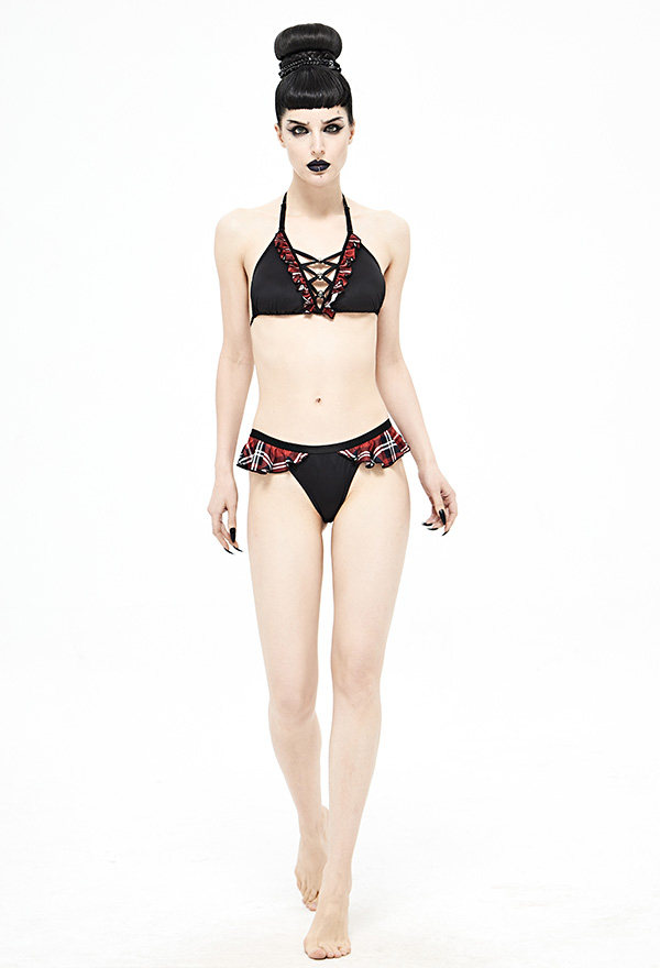 Devil Fashion School Plaid Gothic Black Red Lace-Up Ruffled Halter String Bikini Top