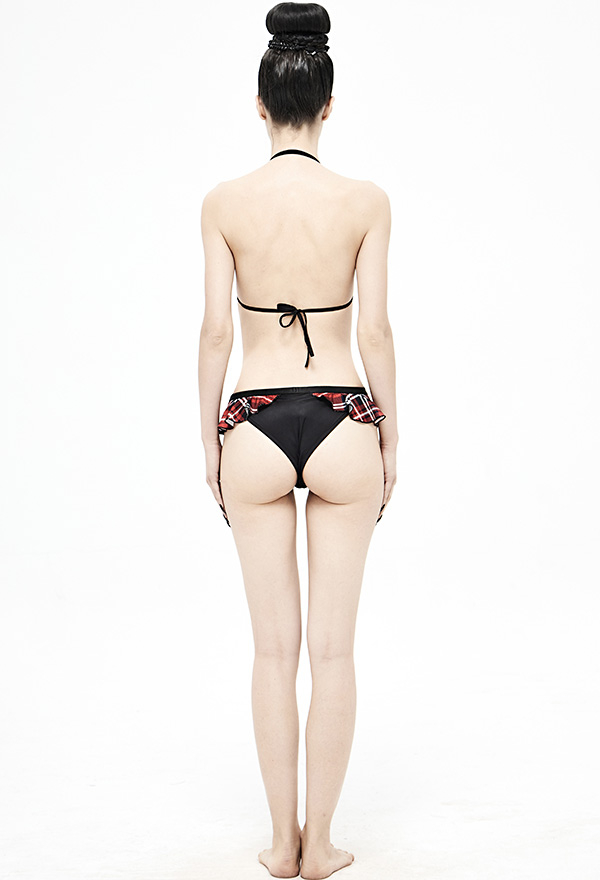 Devil Fashion School Plaid Gothic Black Red Lace-Up Ruffled Halter String Bikini Top