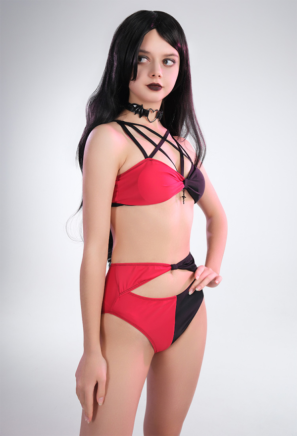 Summer Crush Women Gothic Black Red Contrast Color Crossover Cutout Two Piece Swimsuit