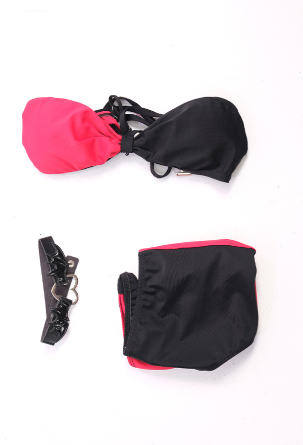 Summer Crush Women Gothic Black Red Contrast Color Crossover Cutout Two Piece Swimsuit