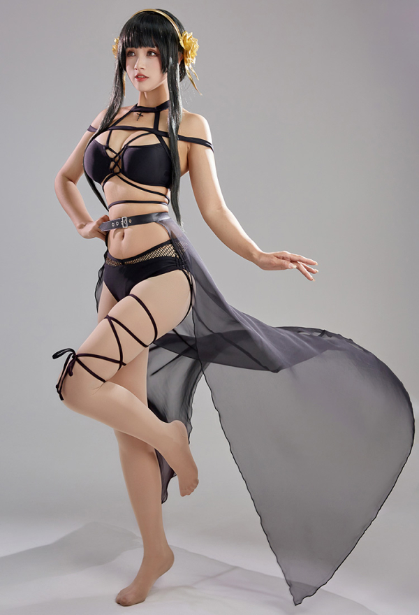SPY House Sexy Black Lace-up Two-Piece Bathing Suit Swimwear with Chiffon wrap Skirt and Headband