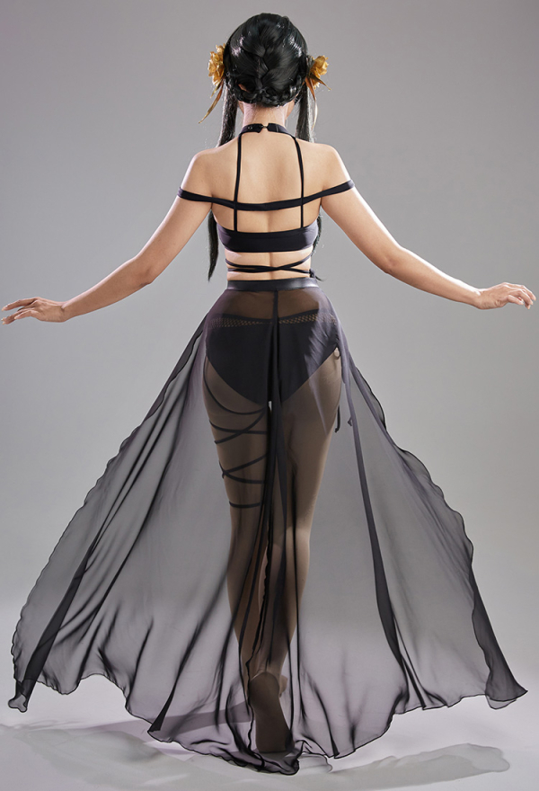 SPY House Sexy Black Lace-up Two-Piece Bathing Suit Swimwear with Chiffon wrap Skirt and Headband