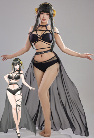 SPY House Sexy Black Lace-up Two-Piece Bathing Suit Swimwear with Chiffon wrap Skirt and Headband