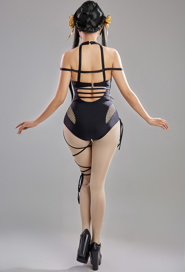 SPY House Sexy Black Halter Cutout Mesh One-Piece Swimsuit with Chiffon wrap Skirt and Headband Swimwear