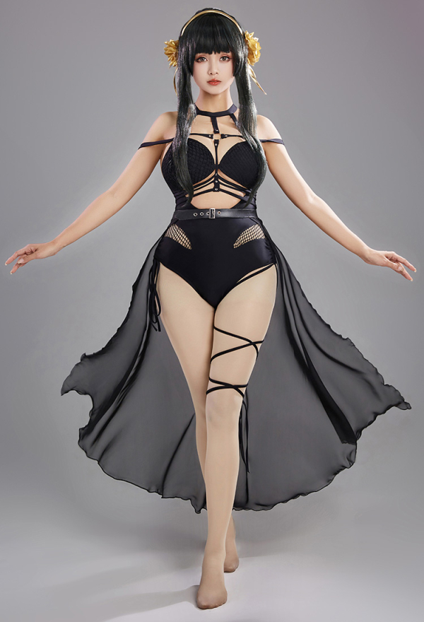 SPY House Sexy Black Halter Cutout Mesh One-Piece Swimsuit with Chiffon wrap Skirt and Headband Swimwear