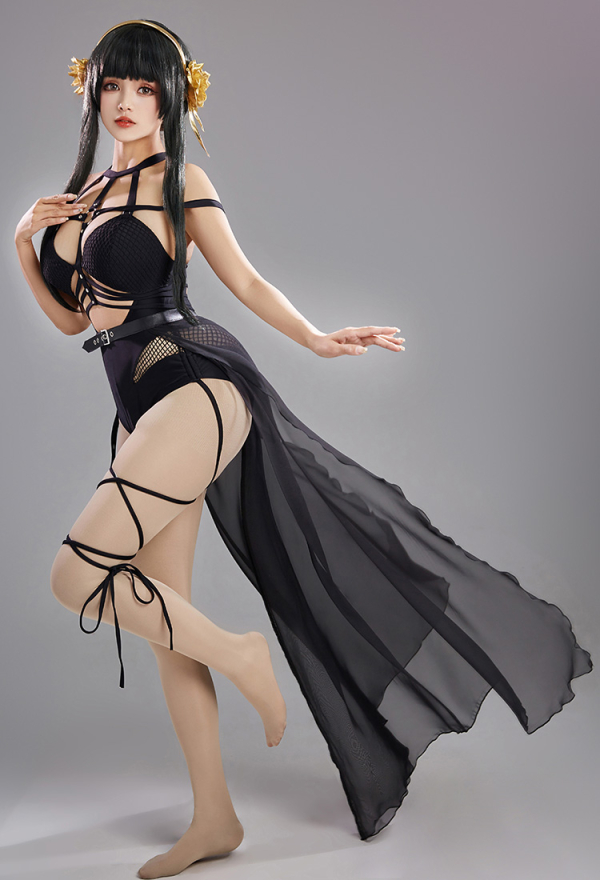 SPY House Sexy Black Halter Cutout Mesh One-Piece Swimsuit with Chiffon wrap Skirt and Headband Swimwear