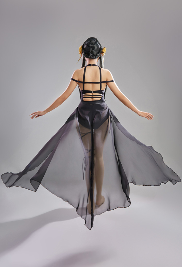 SPY House Sexy Black Halter Cutout Mesh One-Piece Swimsuit with Chiffon wrap Skirt and Headband Swimwear