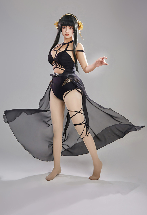 SPY House Sexy Black Halter Cutout Mesh One-Piece Swimsuit with Chiffon wrap Skirt and Headband Swimwear
