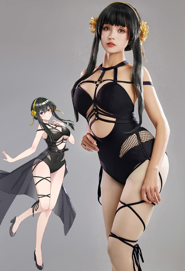 SPY House Sexy Black Halter Cutout Mesh One-Piece Swimsuit with Chiffon wrap Skirt and Headband Swimwear SPY House Sexy Black Halter Cutout Mesh One-Piece Swimsuit with Chiffon wrap Skirt and Headband Swimwear