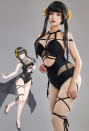 SPY House Sexy Black Halter Cutout Mesh One-Piece Swimsuit with Chiffon wrap Skirt and Headband Swimwear