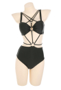 Mavy-Wavy Mavis Women Gothic Black Cross Strap Cutout Ring Decorated Trikini One-Piece Swimsuit