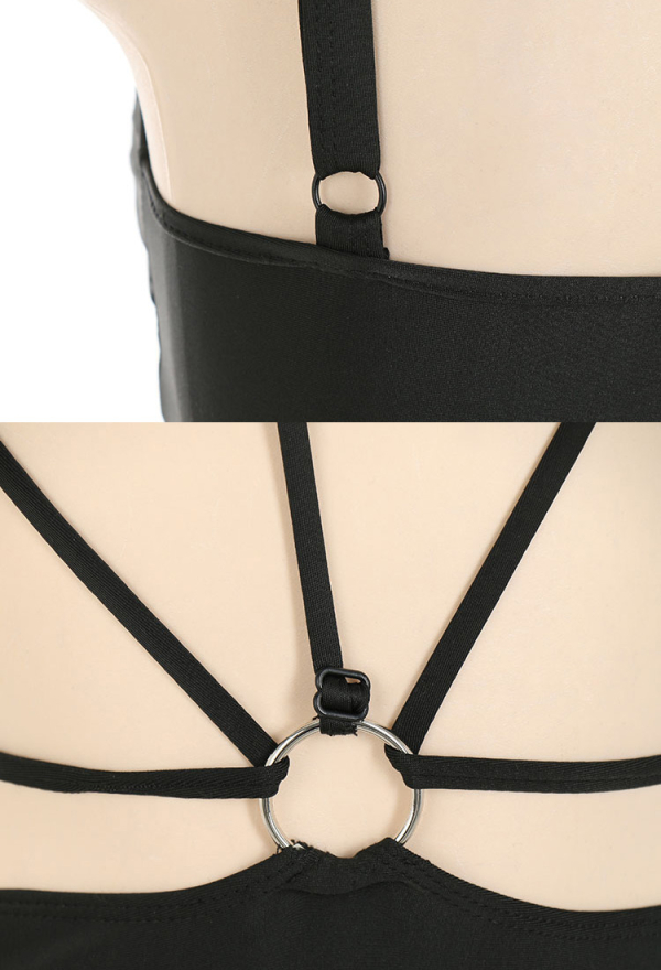 Mavy-Wavy Mavis Women Gothic Black Cross Strap Cutout Ring Decorated Trikini One-Piece Swimsuit