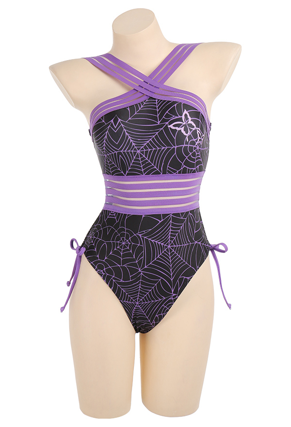 Gothic Purple Butterfly Spiderweb Pattern Halter Waist Hollow One-Piece Swimsuit Gothic Purple Butterfly Spiderweb Pattern Halter Waist Hollow One-Piece Swimsuit