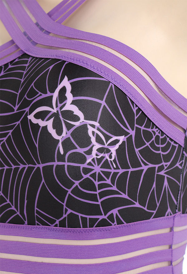 Gothic Purple Butterfly Spiderweb Pattern Halter Waist Hollow One-Piece Swimsuit Gothic Purple Butterfly Spiderweb Pattern Halter Waist Hollow One-Piece Swimsuit