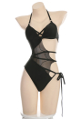 Night Spinner Gothic Cobweb Cutout Black Halter Neck One-Piece Swimsuit