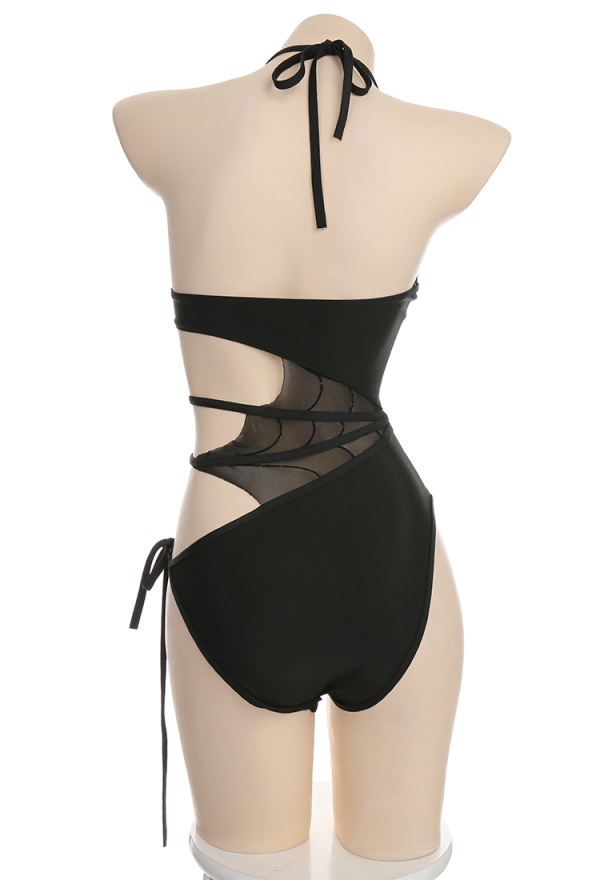 Night Spinner Gothic Cobweb Cutout Black Halter Neck One-Piece Swimsuit