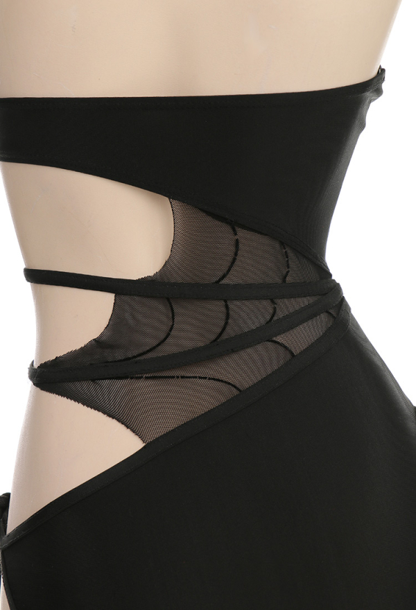 Night Spinner Gothic Cobweb Cutout Black Halter Neck One-Piece Swimsuit