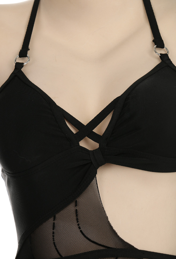 Night Spinner Gothic Cobweb Cutout Black Halter Neck One-Piece Swimsuit