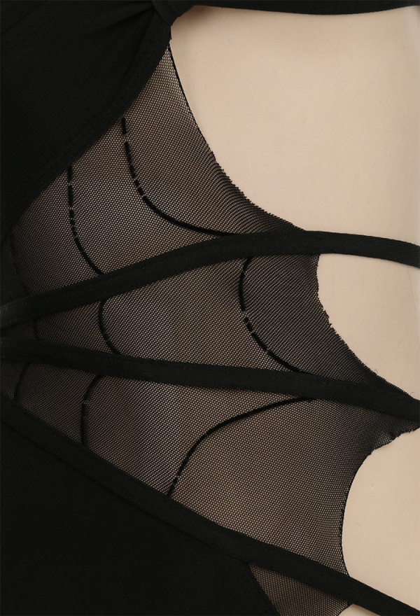 Night Spinner Gothic Cobweb Cutout Black Halter Neck One-Piece Swimsuit