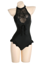 Night Spinner Pentagram Cutout Gothic Black Halter One-Piece Swimsuit with Gloves and Rope