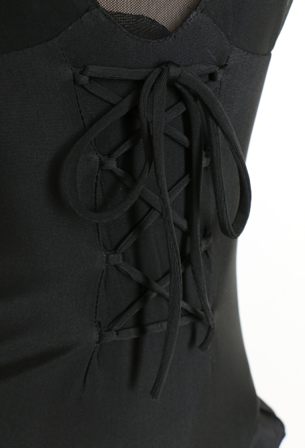Night Spinner Pentagram Cutout Gothic Black Halter One-Piece Swimsuit with Gloves and Rope Night Spinner Pentagram Cutout Gothic Black Halter One-Piece Swimsuit with Gloves and Rope