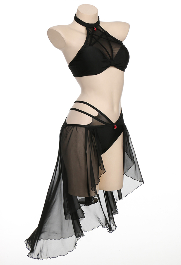 Night Spinner Black Hexagram Gothic Black Halter Neck Two-Piece Swimsuit
