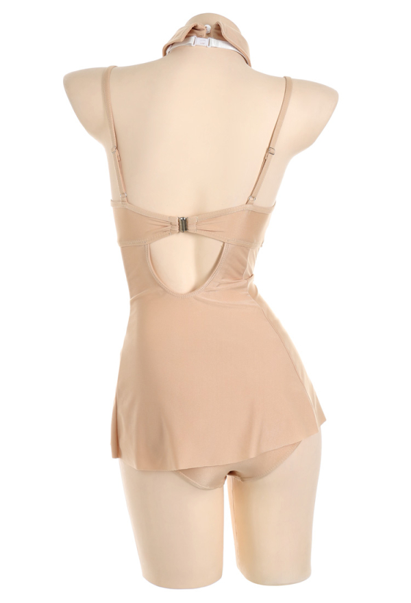 Robot Megan Beige Skirt One-Piece Swimsuit with Bow Collar And Panty