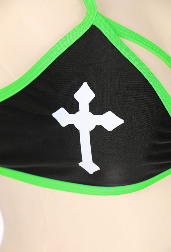 Summer Reign Women Dark Gothic Black Green Sexy Cross Print Cheeky Bikini Set Summer Reign Women Dark Gothic Black Green Sexy Cross Print Cheeky Bikini Set