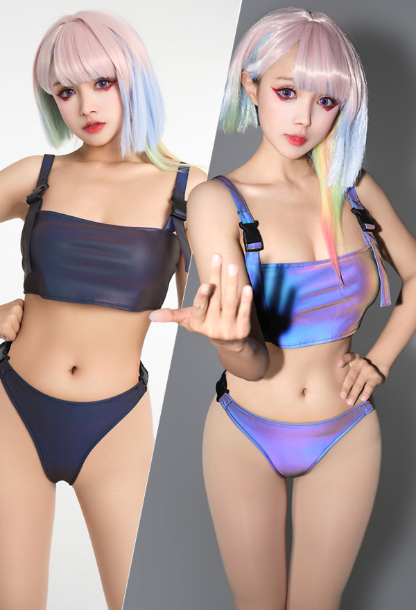 Gothic Punk Gray Reflective Detachable Buckle Sporty Top and Bottoms Bathing Suit Swimwear Black Gothic Punk Gray Reflective Detachable Buckle Sporty Top and Bottoms Bathing Suit Swimwear Black