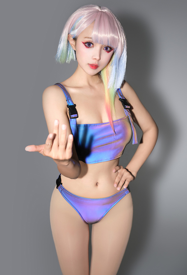 Gothic Punk Gray Reflective Detachable Buckle Sporty Top and Bottoms Bathing Suit Swimwear Black Gothic Punk Gray Reflective Detachable Buckle Sporty Top and Bottoms Bathing Suit Swimwear Black