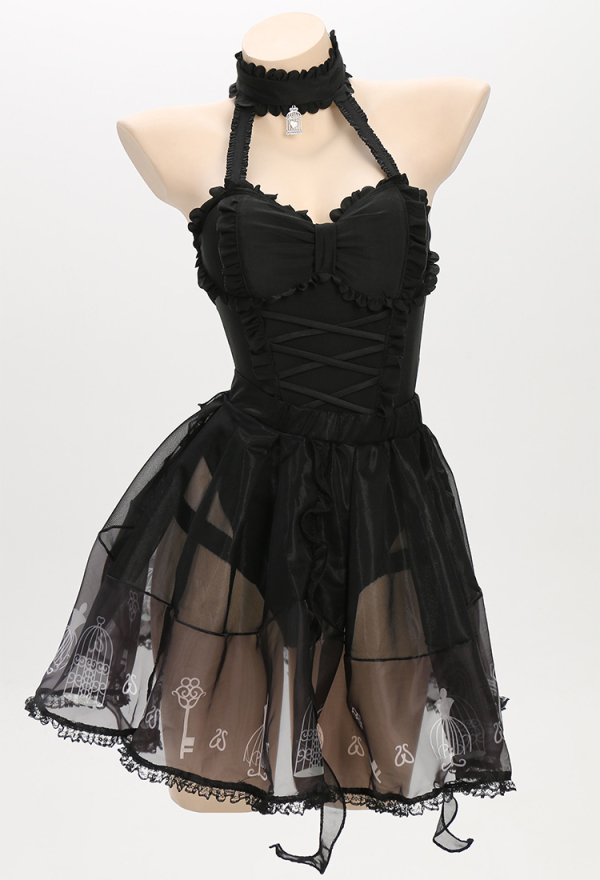 Goth Girl Gothic Lolita Black Printed Tulle Skirt One-Piece Swimsuit with Tulle Skirt