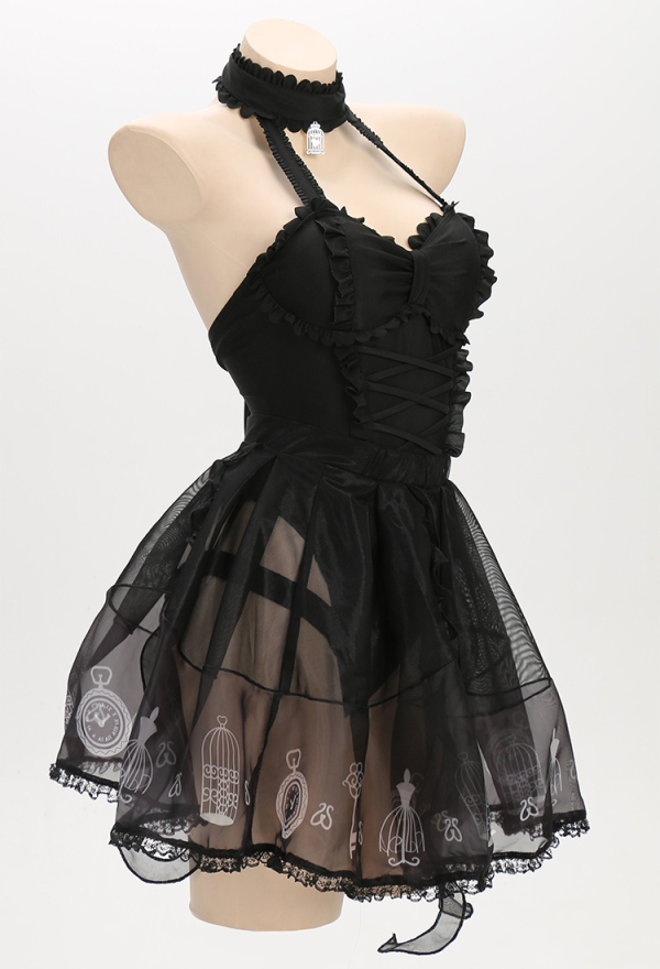 Goth Girl Gothic Lolita Black Printed Tulle Skirt One-Piece Swimsuit with Tulle Skirt