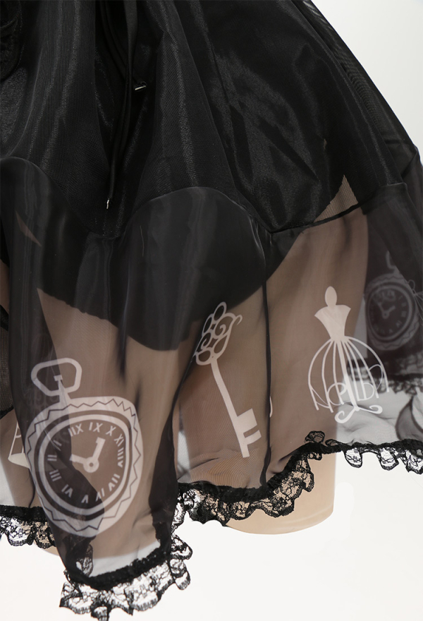 Goth Girl Gothic Lolita Black Printed Tulle Skirt One-Piece Swimsuit with Tulle Skirt