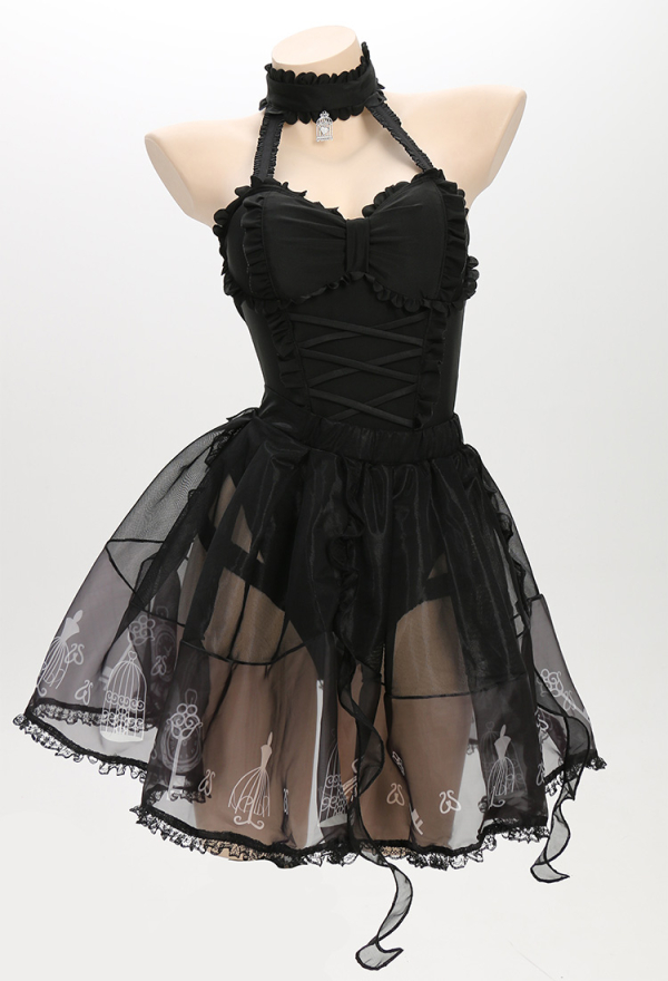 Goth Girl Gothic Lolita Black Printed Tulle Skirt One-Piece Swimsuit with Tulle Skirt