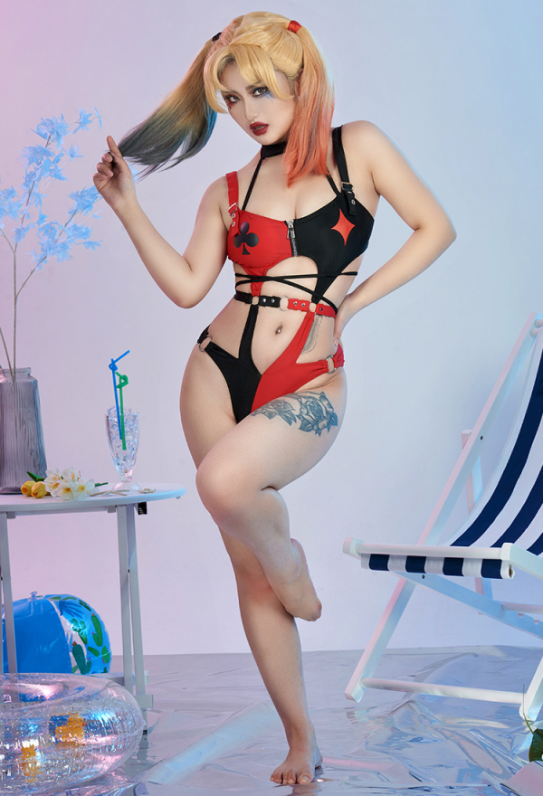 Gothic Spades and red diamonds print Sexy Halter Buckle Waist Hollow One-Piece Swimsuit Gothic Spades and red diamonds print Sexy Halter Buckle Waist Hollow One-Piece Swimsuit