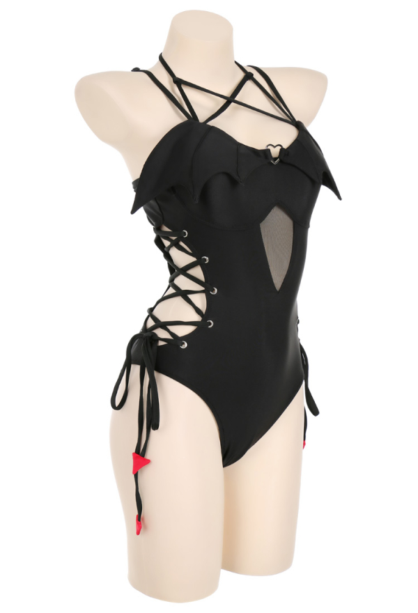 Devil Tail Gothic Black Halter Neck Cutout One-Piece Swimsuit Devil Tail Gothic Black Halter Neck Cutout One-Piece Swimsuit