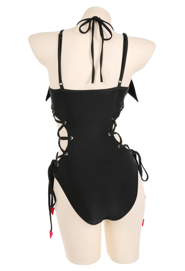 Devil Tail Gothic Black Halter Neck Cutout One-Piece Swimsuit Devil Tail Gothic Black Halter Neck Cutout One-Piece Swimsuit