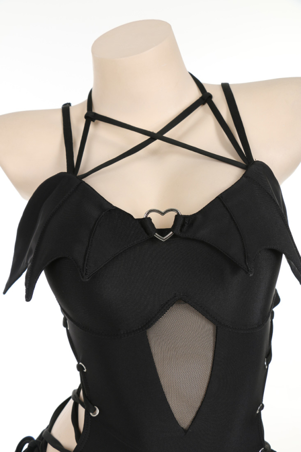 Devil Tail Gothic Black Halter Neck Cutout One-Piece Swimsuit Devil Tail Gothic Black Halter Neck Cutout One-Piece Swimsuit