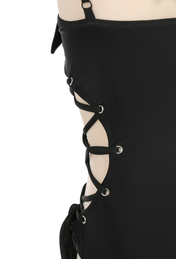 Devil Tail Gothic Black Halter Neck Cutout One-Piece Swimsuit Devil Tail Gothic Black Halter Neck Cutout One-Piece Swimsuit