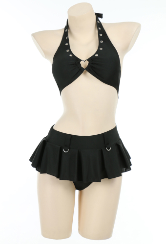 Dark Heart Gothic Black Heart Shaped Ring Decoration Mini Skirt Two-Piece Swimsuit with Microskirt