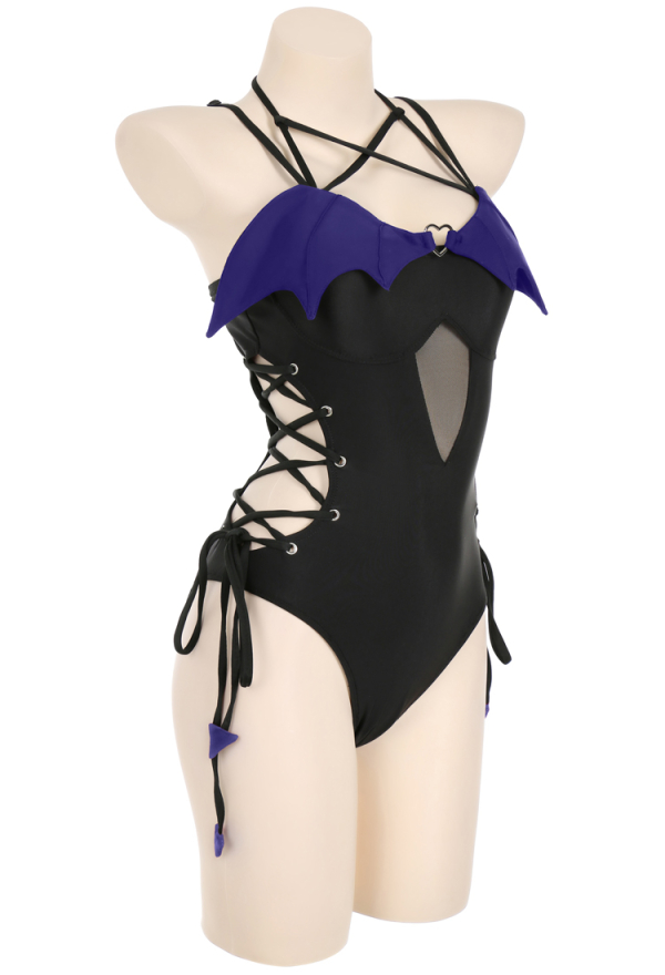 Devil Tail Gothic Purple Wings Halter Neck Cutout One-Piece Swimsuit Devil Tail Gothic Purple Wings Halter Neck Cutout One-Piece Swimsuit