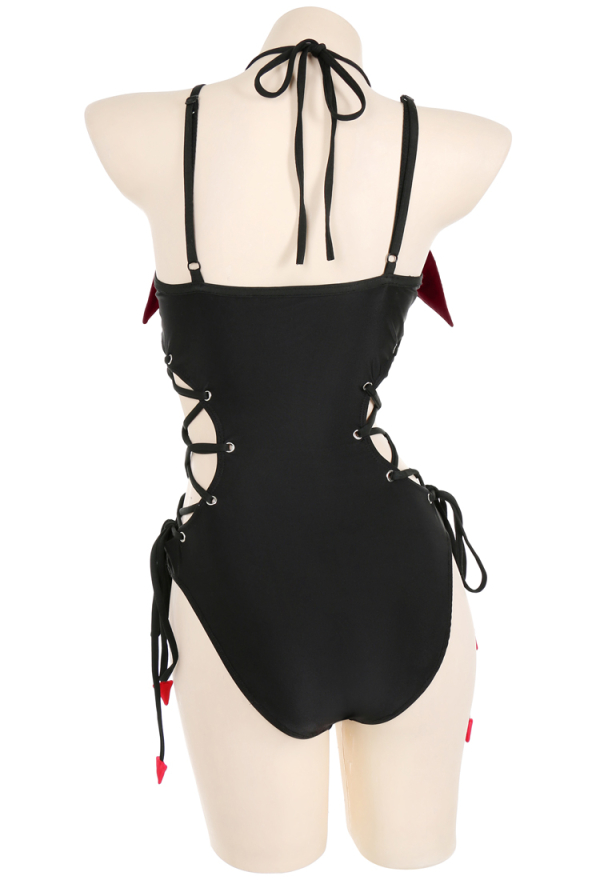 Devil Tail Gothic Claret Red Wings Halter Neck Cutout One-Piece Swimsuit