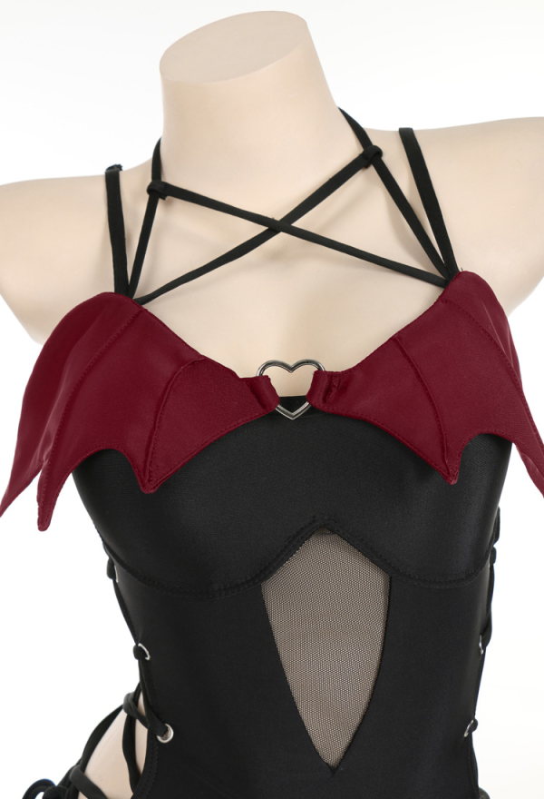 Devil Tail Gothic Claret Red Wings Halter Neck Cutout One-Piece Swimsuit